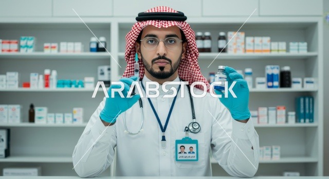 تقديم الرعاية الصحية والوصفات الطبية، تقديم الأدوية والمستلزمات الطبية داخل الصيدلية، صورة مقربة لشاب صيدلاني عربي سعودي خليجي يرتدي الشماغ واليونيفورم الطبي يمسك بيده الدواء ينظر الى الكاميرا بتعابير الثقة والسرور