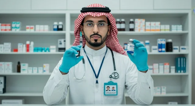تقديم الرعاية الصحية والوصفات الطبية، تقديم الأدوية والمستلزمات الطبية داخل الصيدلية، صورة مقربة لشاب صيدلاني عربي سعودي خليجي يرتدي الشماغ واليونيفورم الطبي يمسك بيده الدواء ينظر الى الكاميرا بتعابير الثقة والسرور