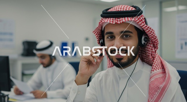 مفهوم الاستعلامات والاستفسارات، استخدام التقنيات الحديثة، صورة مقربة لموظف عربي خليجي سعودي يرتدي الشماغ والثوب التقليجي يعمل في خدمة العملاء يرتدي سماعة الاتصال، إيماءات وتعابير السرور والسعادة، الاجابه على اسئلة الزبائن، متابعة وتطوير العمل