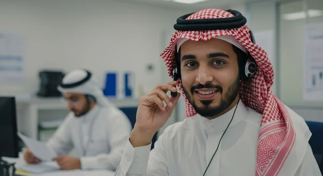 The concept of inquiries and questions, the use of modern technologies, a close-up image of a Saudi Gulf Arab employee wearing a ghutrah and traditional thobe working in customer service wearing a headset, gestures and expressions of joy and happiness, answering customer questions, following up and developing work.