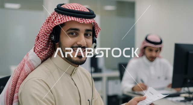 مفهوم الاستعلامات والاستفسارات، استخدام التقنيات الحديثة، صورة مقربة لموظف عربي خليجي سعودي يرتدي الشماغ والثوب التقليجي يعمل في خدمة العملاء يرتدي سماعة الاتصال، إيماءات وتعابير السرور والسعادة، الاجابه على اسئلة الزبائن، متابعة وتطوير العمل