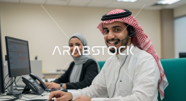 مفهوم الاستعلامات والاستفسارات، استخدام التقنيات الحديثة، صورة مقربة لموظف عربي خليجي سعودي يرتدي الشماغ والثوب التقليجي يعمل في خدمة العملاء يرتدي سماعة الاتصال، إيماءات وتعابير السرور والسعادة، الاجابه على اسئلة الزبائن، متابعة وتطوير العمل