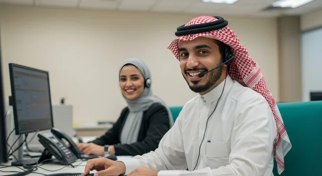 The concept of inquiries and questions, the use of modern technologies, a close-up image of a Saudi Gulf Arab employee wearing a ghutrah and traditional thobe working in customer service wearing a headset, gestures and expressions of joy and happiness, answering customer questions, following up and developing work.