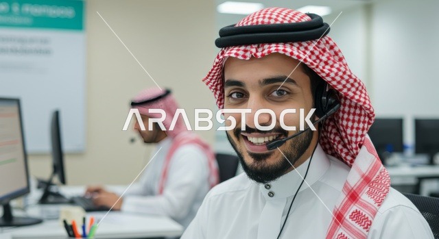 مفهوم الاستعلامات والاستفسارات، استخدام التقنيات الحديثة، صورة مقربة لموظف عربي خليجي سعودي يرتدي الشماغ والثوب التقليجي يعمل في خدمة العملاء يرتدي سماعة الاتصال، إيماءات وتعابير السرور والسعادة، الاجابه على اسئلة الزبائن، متابعة وتطوير العمل