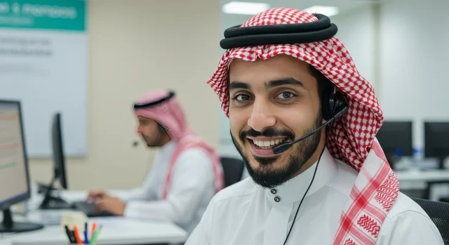 مفهوم الاستعلامات والاستفسارات، استخدام التقنيات الحديثة، صورة مقربة لموظف عربي خليجي سعودي يرتدي الشماغ والثوب التقليجي يعمل في خدمة العملاء يرتدي سماعة الاتصال، إيماءات وتعابير السرور والسعادة، الاجابه على اسئلة الزبائن، متابعة وتطوير العمل