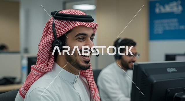 مفهوم الاستعلامات والاستفسارات، استخدام التقنيات الحديثة، صورة مقربة لموظف عربي خليجي سعودي يرتدي الشماغ والثوب التقليجي يعمل في خدمة العملاء يرتدي سماعة الاتصال، إيماءات وتعابير السرور والسعادة، الاجابه على اسئلة الزبائن، متابعة وتطوير العمل