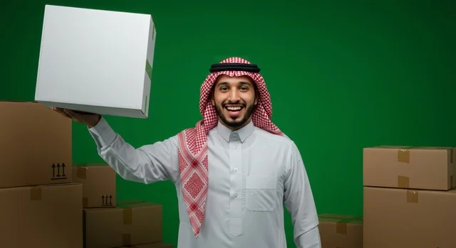Fast delivery services, the concept of online shopping, reliance on online purchasing processes, a portrait of a Saudi Gulf Arab man wearing traditional attire and a ghutrah holding a cardboard box, delivering orders to customers easily and quickly, green background, chroma.
