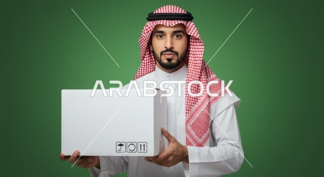 خدمات التوصيل السريع, مفهوم التسوق الالكتروني، الاعتماد على عمليات الشراء عبر الانترنت, بورتريه لرجل عربي خليجي سعودي يرتدي الثوب التقليدي والشماغ يمسك بيده صندوق كرتون،  إيصال الطلبات إلى الزبائن بسهولة وسرعة، خلفية خضراء، كروما