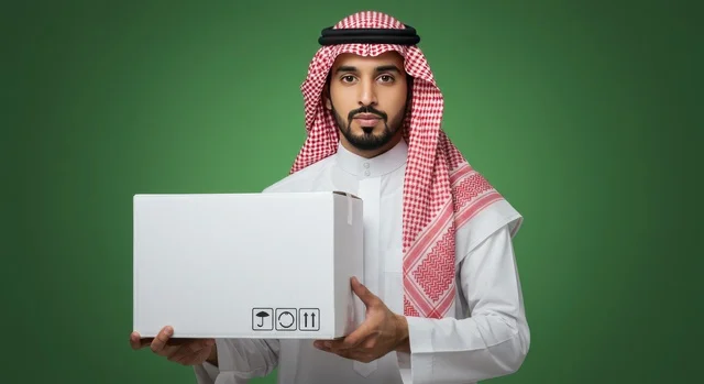 Fast delivery services, the concept of online shopping, reliance on online purchasing processes, a portrait of a Saudi Gulf Arab man wearing traditional attire and a ghutrah holding a cardboard box, delivering orders to customers easily and quickly, green background, chroma.