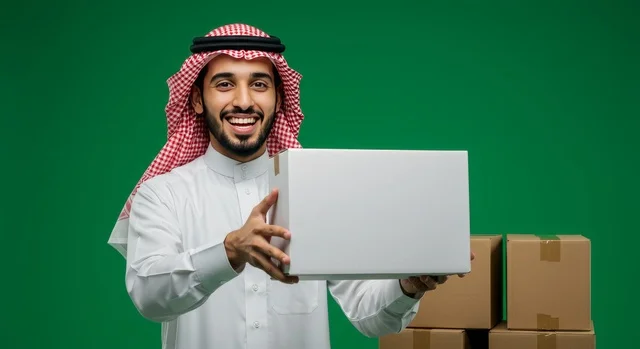 خدمات التوصيل السريع, مفهوم التسوق الالكتروني، الاعتماد على عمليات الشراء عبر الانترنت, بورتريه لرجل عربي خليجي سعودي يرتدي الثوب التقليدي والشماغ يمسك بيده صندوق كرتون،  إيصال الطلبات إلى الزبائن بسهولة وسرعة، خلفية خضراء، كروما
