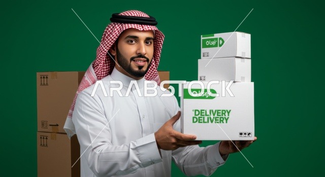 Fast delivery services, the concept of online shopping, reliance on online purchasing processes, a portrait of a Saudi Gulf Arab man wearing traditional attire and a ghutrah holding a cardboard box, delivering orders to customers easily and quickly, green background, chroma.