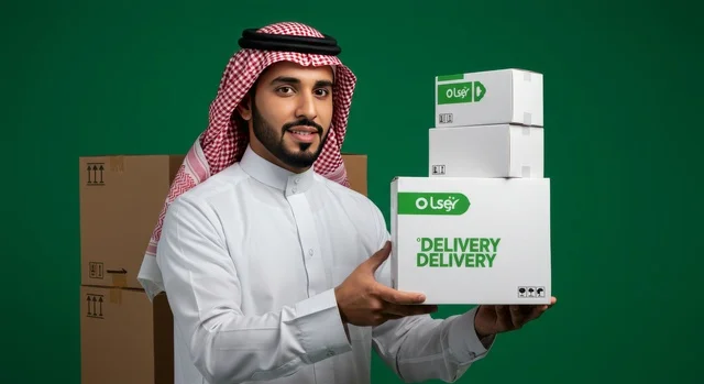 خدمات التوصيل السريع, مفهوم التسوق الالكتروني، الاعتماد على عمليات الشراء عبر الانترنت, بورتريه لرجل عربي خليجي سعودي يرتدي الثوب التقليدي والشماغ يمسك بيده صندوق كرتون،  إيصال الطلبات إلى الزبائن بسهولة وسرعة، خلفية خضراء، كروما