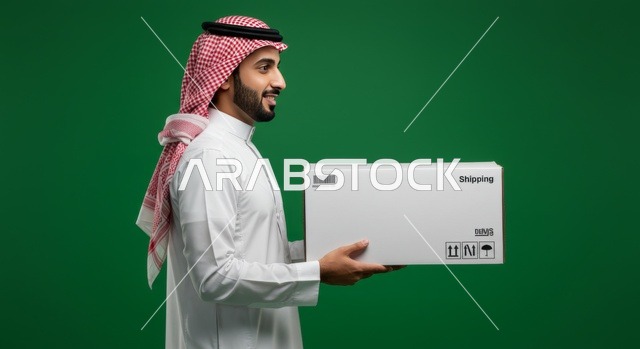 Fast delivery services, the concept of online shopping, reliance on online purchasing processes, a portrait of a Saudi Gulf Arab man wearing traditional attire and a ghutrah holding a cardboard box, delivering orders to customers easily and quickly, green background, chroma.