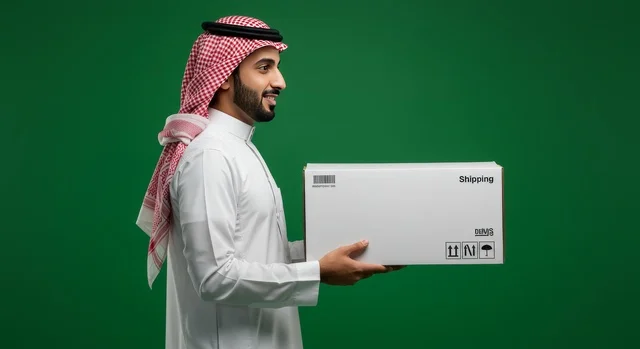 Fast delivery services, the concept of online shopping, reliance on online purchasing processes, a portrait of a Saudi Gulf Arab man wearing traditional attire and a ghutrah holding a cardboard box, delivering orders to customers easily and quickly, green background, chroma.