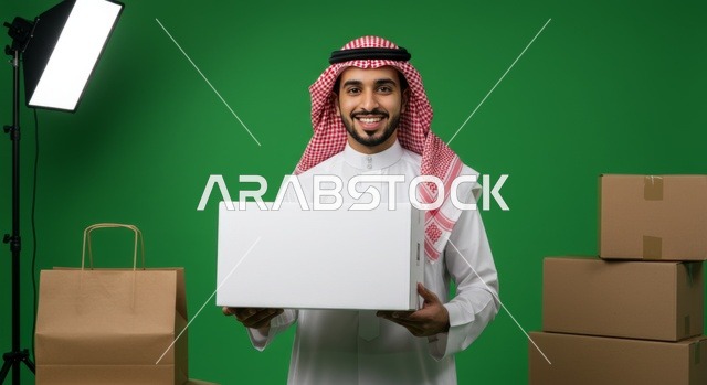 Fast delivery services, the concept of online shopping, reliance on online purchasing processes, a portrait of a Saudi Gulf Arab man wearing traditional attire and a ghutrah holding a cardboard box, delivering orders to customers easily and quickly, green background, chroma.