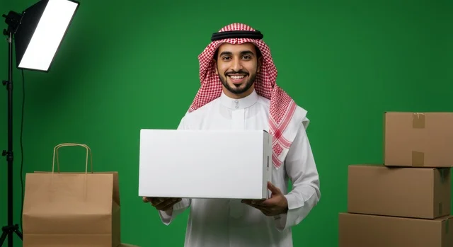 Fast delivery services, the concept of online shopping, reliance on online purchasing processes, a portrait of a Saudi Gulf Arab man wearing traditional attire and a ghutrah holding a cardboard box, delivering orders to customers easily and quickly, green background, chroma.
