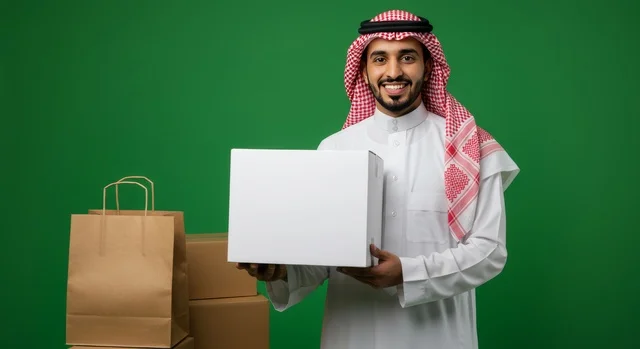 خدمات التوصيل السريع, مفهوم التسوق الالكتروني، الاعتماد على عمليات الشراء عبر الانترنت, بورتريه لرجل عربي خليجي سعودي يرتدي الثوب التقليدي والشماغ يمسك بيده صندوق كرتون،  إيصال الطلبات إلى الزبائن بسهولة وسرعة، خلفية خضراء، كروما