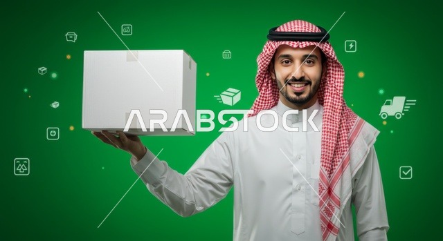 خدمات التوصيل السريع, مفهوم التسوق الالكتروني، الاعتماد على عمليات الشراء عبر الانترنت, بورتريه لرجل عربي خليجي سعودي يرتدي الثوب التقليدي والشماغ يمسك بيده صندوق كرتون،  إيصال الطلبات إلى الزبائن بسهولة وسرعة، خلفية خضراء، كروما
