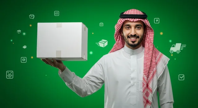 خدمات التوصيل السريع, مفهوم التسوق الالكتروني، الاعتماد على عمليات الشراء عبر الانترنت, بورتريه لرجل عربي خليجي سعودي يرتدي الثوب التقليدي والشماغ يمسك بيده صندوق كرتون،  إيصال الطلبات إلى الزبائن بسهولة وسرعة، خلفية خضراء، كروما