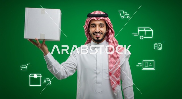 خدمات التوصيل السريع, مفهوم التسوق الالكتروني، الاعتماد على عمليات الشراء عبر الانترنت, بورتريه لرجل عربي خليجي سعودي يرتدي الثوب التقليدي والشماغ يمسك بيده صندوق كرتون،  إيصال الطلبات إلى الزبائن بسهولة وسرعة، خلفية خضراء، كروما