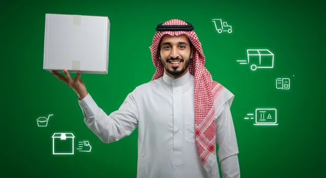 خدمات التوصيل السريع, مفهوم التسوق الالكتروني، الاعتماد على عمليات الشراء عبر الانترنت, بورتريه لرجل عربي خليجي سعودي يرتدي الثوب التقليدي والشماغ يمسك بيده صندوق كرتون،  إيصال الطلبات إلى الزبائن بسهولة وسرعة، خلفية خضراء، كروما