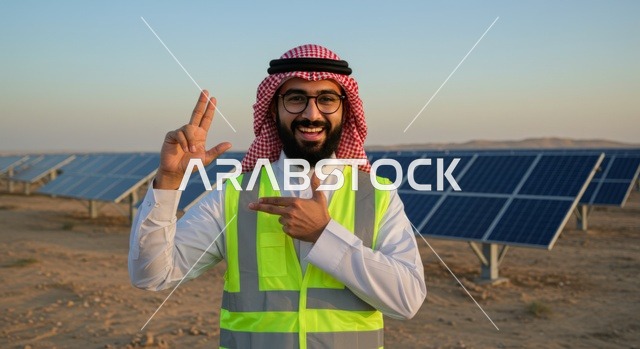 Electricity generation using solar rays, an Arab Gulf Saudi energy engineer wearing a ghutrah and traditional thobe along with a safety vest stands in front of photovoltaic panels in the desert during the day, renewable solar energy stations, the concept of producing environmentally friendly alternative energy in the Kingdom of Saudi Arabia.