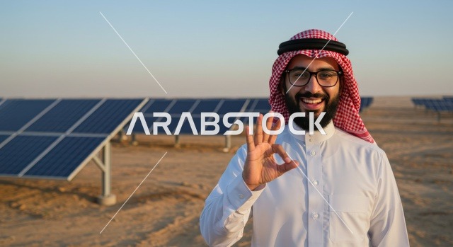 Electricity generation using solar rays, an Arab Gulf Saudi man wearing a ghutrah and traditional thobe stands in front of photovoltaic panels in the desert during the day, renewable solar energy stations, the concept of producing environmentally friendly alternative energy in the Kingdom of Saudi Arabia.
