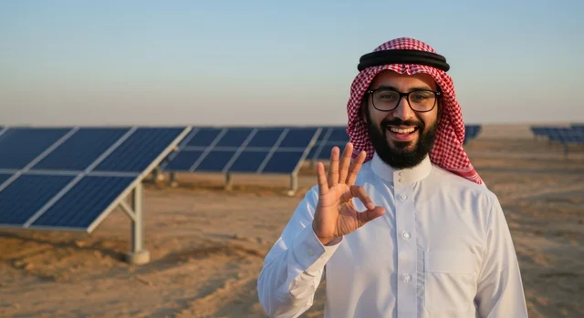 Electricity generation using solar rays, an Arab Gulf Saudi man wearing a ghutrah and traditional thobe stands in front of photovoltaic panels in the desert during the day, renewable solar energy stations, the concept of producing environmentally friendly alternative energy in the Kingdom of Saudi Arabia.