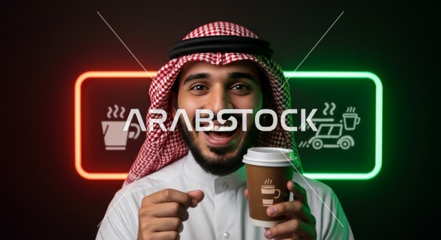 الاستمتاع بالمشروبات الدافئة، صورة مقربه لرجل عربي خليجي سعودي يرتدي الثوب التقليدي والشماغ يمسك بيده كوب ورقي من القهوة, قضاء وقت ممتع, تعديل المزاج بتناول الكافيين، خلفية سوداء مع اضاءة نيون ملونة