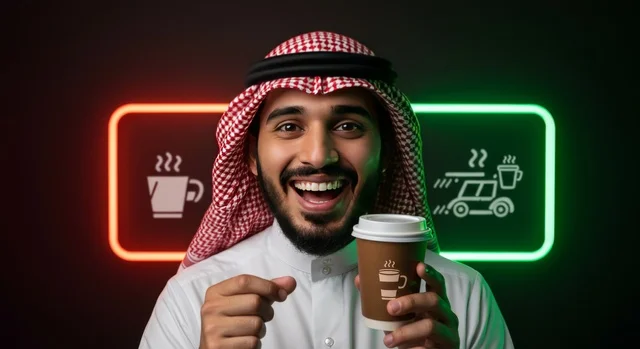 الاستمتاع بالمشروبات الدافئة، صورة مقربه لرجل عربي خليجي سعودي يرتدي الثوب التقليدي والشماغ يمسك بيده كوب ورقي من القهوة, قضاء وقت ممتع, تعديل المزاج بتناول الكافيين، خلفية سوداء مع اضاءة نيون ملونة