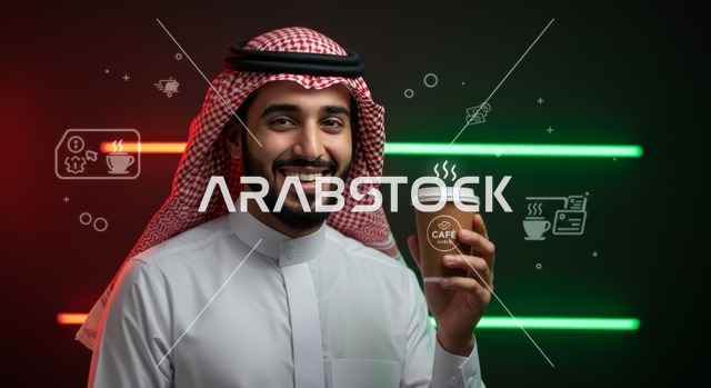 الاستمتاع بالمشروبات الدافئة، صورة مقربه لرجل عربي خليجي سعودي يرتدي الثوب التقليدي والشماغ يمسك بيده كوب ورقي من القهوة, قضاء وقت ممتع, تعديل المزاج بتناول الكافيين، خلفية سوداء مع اضاءة نيون ملونة