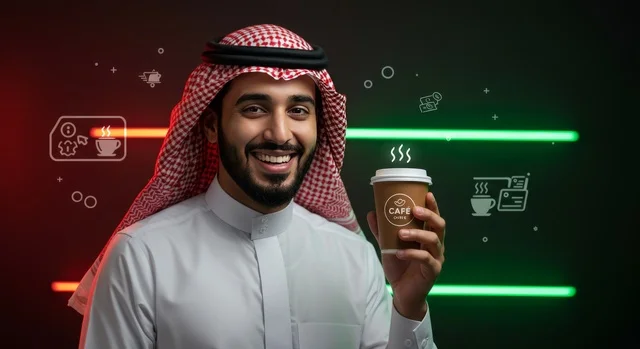 الاستمتاع بالمشروبات الدافئة، صورة مقربه لرجل عربي خليجي سعودي يرتدي الثوب التقليدي والشماغ يمسك بيده كوب ورقي من القهوة, قضاء وقت ممتع, تعديل المزاج بتناول الكافيين، خلفية سوداء مع اضاءة نيون ملونة