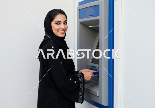 Gestures of happiness and comfort, using modern means and technologies, a Saudi Gulf Arab woman wearing a hijab and a black abaya is inserting a credit card into an ATM, the ease and ability to withdraw cash, payment and purchasing through bank cards.
