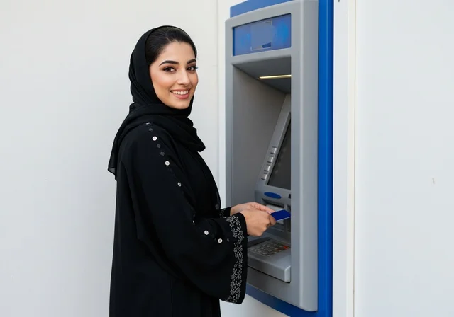 ايماءات السعادة والراحة، استخدام الوسائل والتقنيات الحديثة، إمرأة عربية خليجية سعودية ترتدي الحجاب والعباءة السوداء تقوم بإدخال البطاقة الائتمانية في ماكينة الصراف الآلي، ، سهولة وإمكانية سحب النقود،  الدفع والشراء من خلال البطاقات البنكية