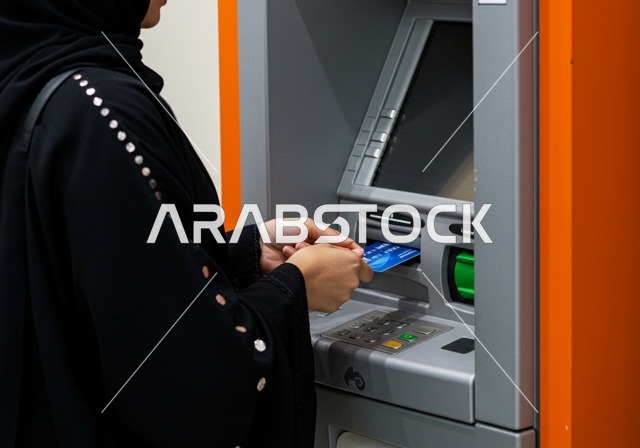سهولة وإمكانية سحب النقود،  استخدام الوسائل والتقنيات الحديثة، صورة مقربة لإمرأة عربية خليجية سعودية ترتدي العباءة السوداء تقوم بإدخال البطاقة الائتمانية في ماكينة الصراف الآلي، ،الدفع والشراء من خلال البطاقات البنكية