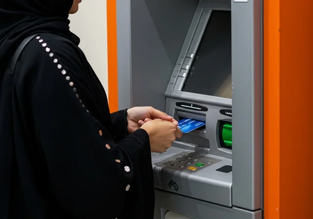 Ease and ability to withdraw cash, use of modern means and technologies, a close-up image of a Saudi Gulf Arab woman wearing a black abaya inserting a credit card into an ATM, payment and purchasing through bank cards.