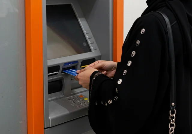 استخدام الوسائل والتقنيات الحديثة،  ، صورة مقربة لإمرأة عربية خليجية سعودية ترتدي العباءة السوداء تقوم بإدخال البطاقة الائتمانية في ماكينة الصراف الآلي، ، سهولة وإمكانية سحب النقود،  الدفع والشراء من خلال البطاقات البنكية
