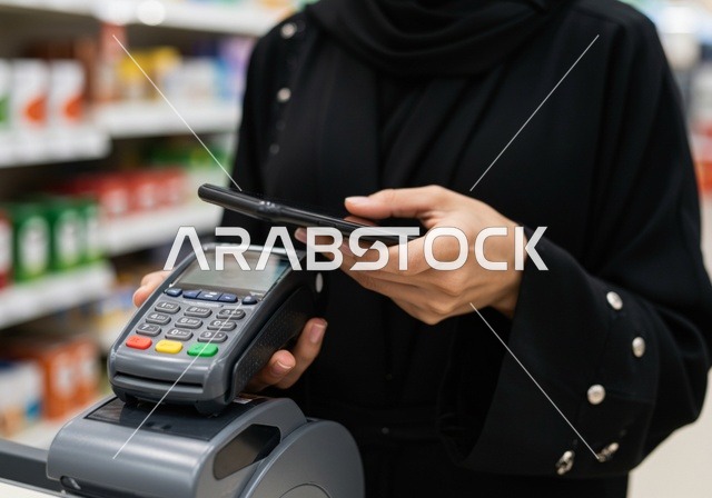 متعة التسوق في سوبر ماركت ، صورة مقربة لإمرأة عربية خليجية سعودية ترتدي العباءة السوداء تقوم بالدفع  بطريقة الكترونية بإستخدام بطاقة الإئتمان البنكية ، دفع حساب المستلزمات المنزلية في مول سعودي ، سهولة الدفع عبر بطاقة الصراف