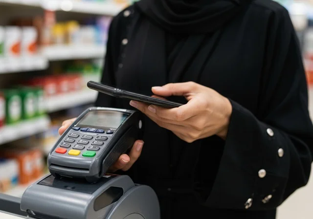 متعة التسوق في سوبر ماركت ، صورة مقربة لإمرأة عربية خليجية سعودية ترتدي العباءة السوداء تقوم بالدفع  بطريقة الكترونية بإستخدام بطاقة الإئتمان البنكية ، دفع حساب المستلزمات المنزلية في مول سعودي ، سهولة الدفع عبر بطاقة الصراف