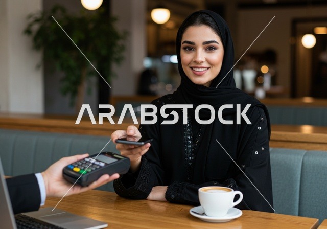 وقت الجلوس مع النفس والاسترخاء في كوفي شوب ، شابة عربية خليجية سعودية ترتدي الحجاب والعباءة تقوم بالدفع  بطريقة الكترونية بإستخدام بطاقة الإئتمان البنكية ، دفع حساب القهوة في مقهى راقي ، سهولة الدفع عبر بطاقة الصراف