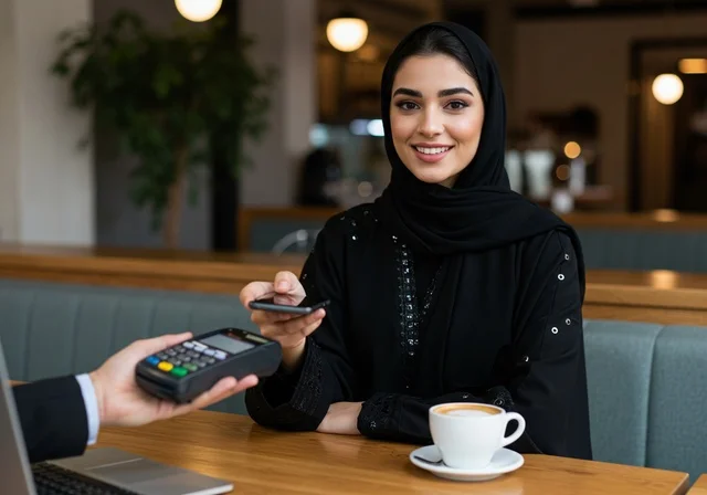 وقت الجلوس مع النفس والاسترخاء في كوفي شوب ، شابة عربية خليجية سعودية ترتدي الحجاب والعباءة تقوم بالدفع  بطريقة الكترونية بإستخدام بطاقة الإئتمان البنكية ، دفع حساب القهوة في مقهى راقي ، سهولة الدفع عبر بطاقة الصراف