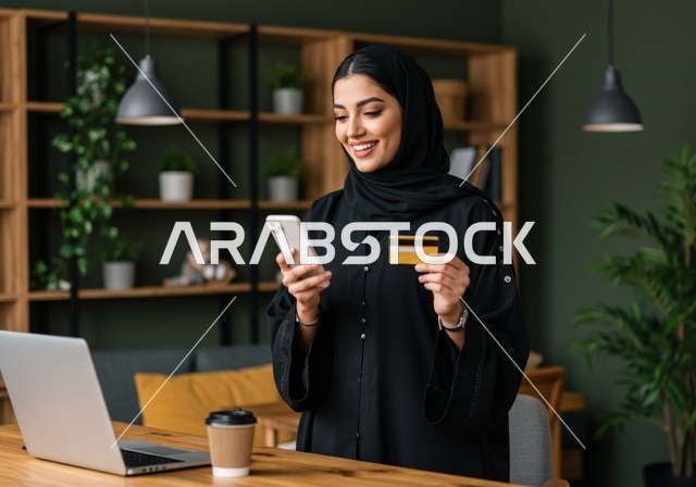 استخدام التقنيات الحديثة في الحياة اليومية، تأكيد المعلومات من بطاقة صفراء إلى هاتف محمول، إمرأة عربية خليجية سعودية ترتدي حجاب وعباءة سوداء تحمل بيدها بطاقة بنكية باللون الاصفر، مفهوم الأنوثة والنعومة، ايماءات السعادة والسرور