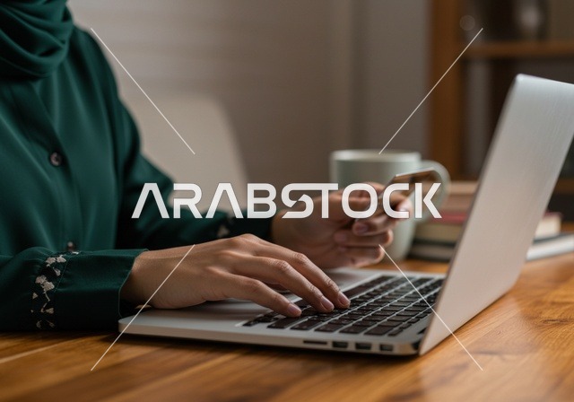 نقل المعلومات من بطاقة صفراء غلى جهاز الحاسب المحمول، صورة مقربة لأيدي إمرأة عربية خليجية سعودية ترتدي عباءة سوداء تحمل بيدها بطاقة بنكية باللون الاصفر، مفهوم الأنوثة والنعومة، المهارة الكتابة السريعة على لوحة المفاتيح