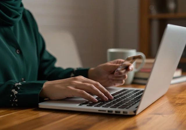 نقل المعلومات من بطاقة صفراء غلى جهاز الحاسب المحمول، صورة مقربة لأيدي إمرأة عربية خليجية سعودية ترتدي عباءة سوداء تحمل بيدها بطاقة بنكية باللون الاصفر، مفهوم الأنوثة والنعومة، المهارة الكتابة السريعة على لوحة المفاتيح