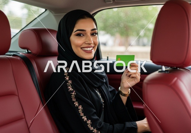 سيدة سعودية تجلس في المقعد الخلفي في سيارة، إمرأة عربية خليجية سعودية ترتدي حجاب وعباءة سوداء تحمل بيدها بطاقة بنكية باللون الاخضر، مفهوم الأنوثة والنعومة، النظر إلى الكاميرا بإيماءات السرور والأمل، الاهتمام بالترتيب والنظافة داخل سيارة فاخرة
