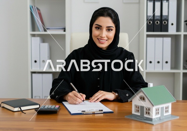 امضاء عقد شراء العقارات، السعي لامتلاك بيت جديد، الروابط الأسرية القوية، شابة عربية خليجية سعودية ترتدي حجاب وعباءة سوداء بجانبها على المكتب مجسم خشبي صغير لمنزل، النظر إلى الكاميرا بإيماءات السرور والأمل، اسكان وتمليك