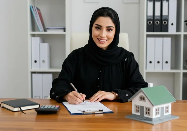 امضاء عقد شراء العقارات، السعي لامتلاك بيت جديد، الروابط الأسرية القوية، شابة عربية خليجية سعودية ترتدي حجاب وعباءة سوداء بجانبها على المكتب مجسم خشبي صغير لمنزل، النظر إلى الكاميرا بإيماءات السرور والأمل، اسكان وتمليك