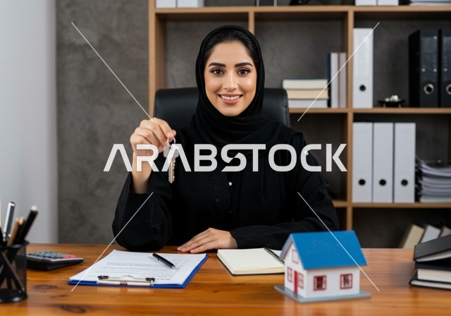 بيع وشراء العقارات، السعي لامتلاك بيت جديد، الروابط الأسرية القوية، شابة عربية خليجية سعودية ترتدي حجاب وعباءة  تحمل بيديها مفتاح صغير لمنزل بجانبها على المكتب مجسم خشبي لمنزل، بإيماءات السرور والأمل، اسكان وتمليك