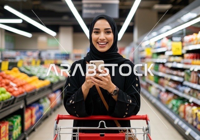 A Saudi woman is buying essential supplies and necessities, taking advantage of discounts on products. An Arab Gulf Saudi woman wearing a hijab and abaya is holding a phone in one hand and pulling a shopping cart in front of her, enjoying strolling in the mall and shopping center, with expressions of happiness from enjoyable shopping.