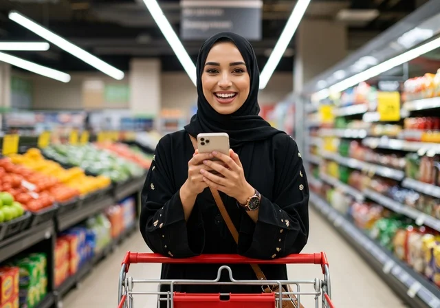 سيدة سعودية تقوم بشراء المستلزمات والحاجيات الضرورية، الاستفادة من الخصومات على المنتجات، امرأة عربية خليجية سعودية ترتدي الحجاب والعباءة تحمل بيدها هاتف وتجر عربة التسوق أمامها، الاستمتاع بالتجول في المول والمركز التجاري، تعابير السعادة بالتسوق الممتع